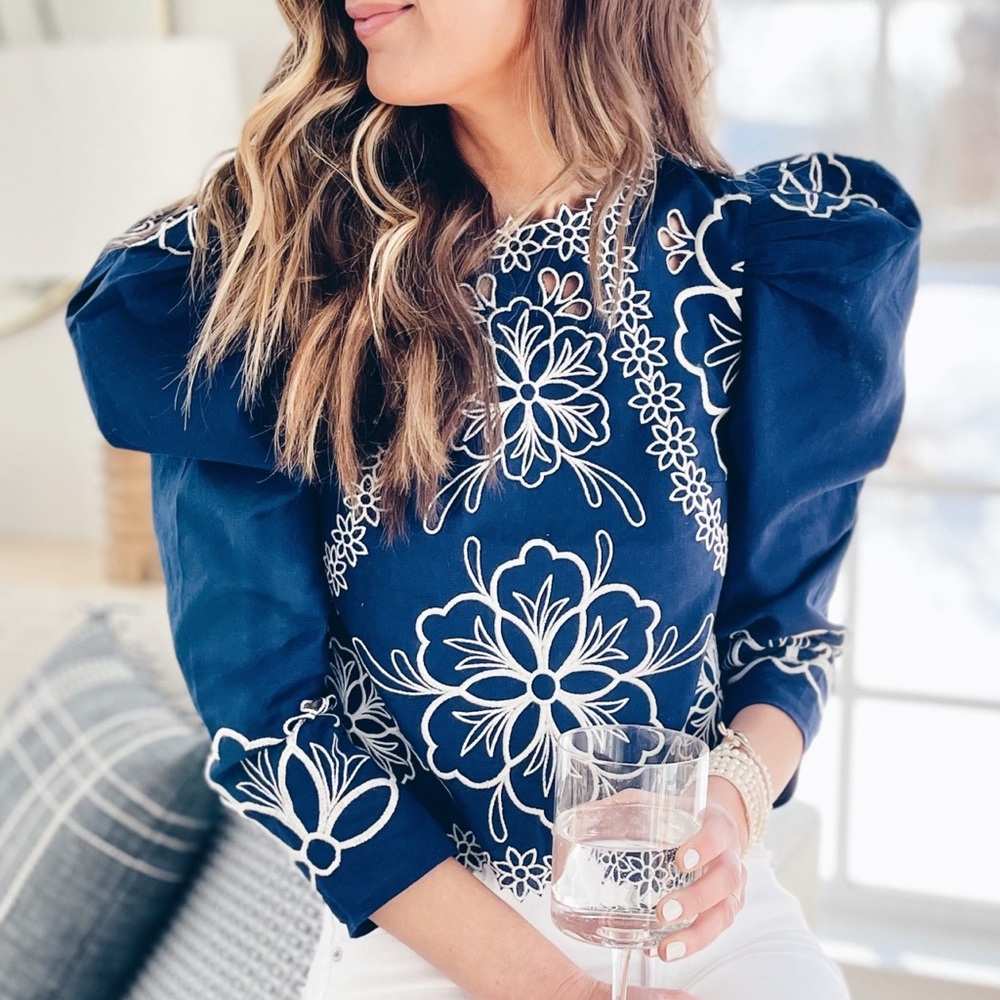 Navy Blue Embroidered Women's Top
